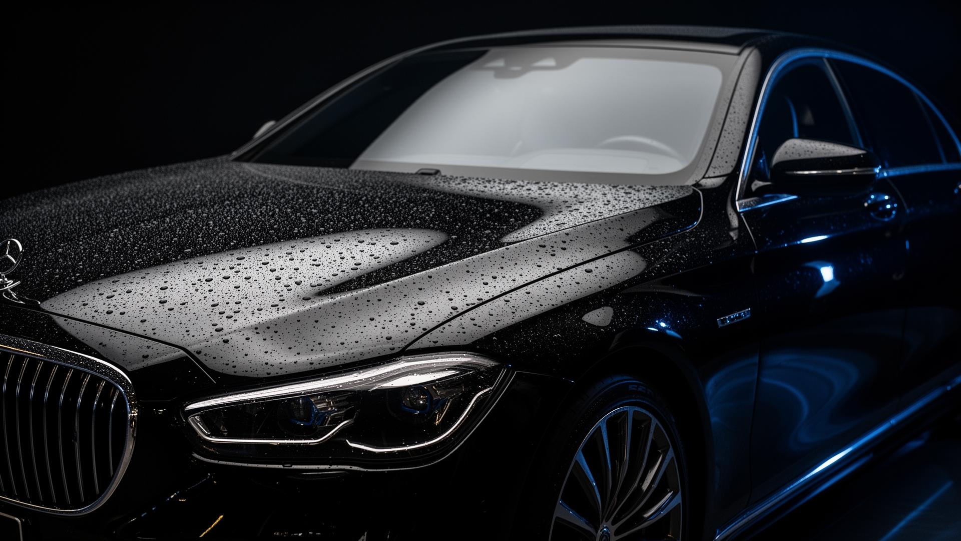 Glossy black luxury car with water beading after detailing